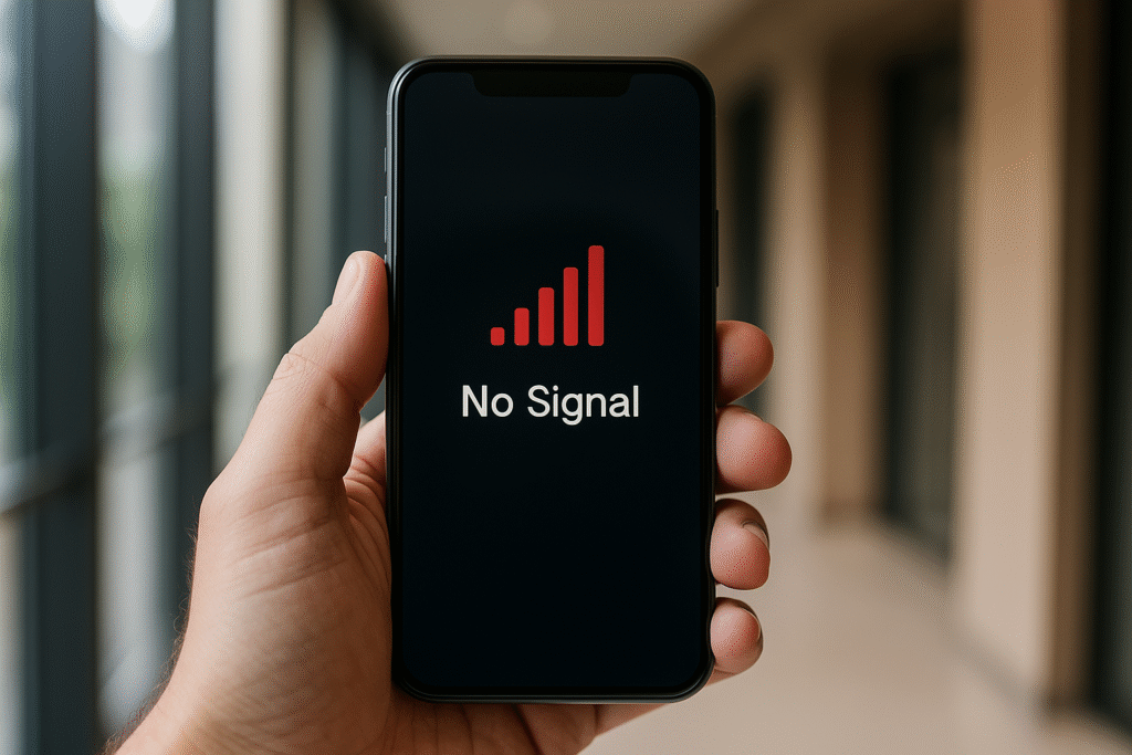 A person holding a smartphone indoors displaying a "No Signal" message on the screen, symbolizing weak mobile reception inside buildings.