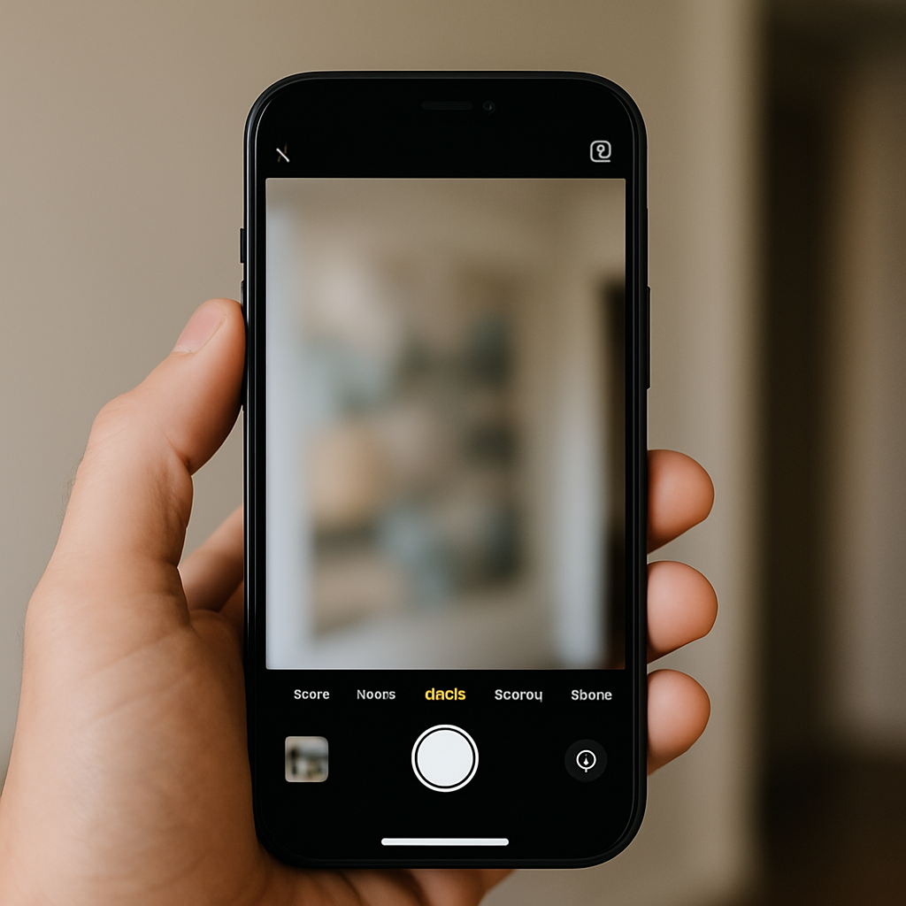 A person holding a smartphone indoors with a blurry image displayed on the screen, symbolizing a camera focus or lens issue causing unclear photos.