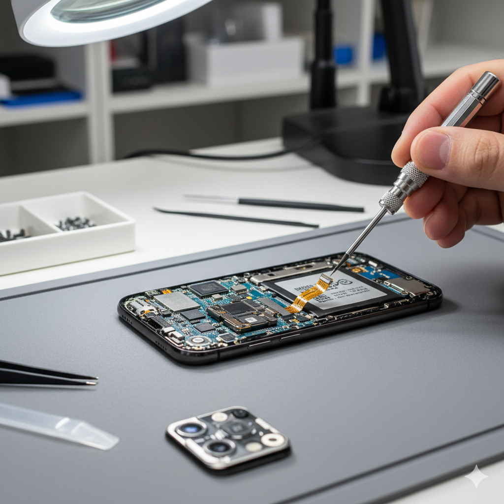 Close-up of a technician's hand using a precision screwdriver to work on the internal components of an opened smartphone, specifically near the camera and flash module. The phone's battery and logic board are visible on a grey repair mat, with other repair tools in the background, illustrating professional phone repair.