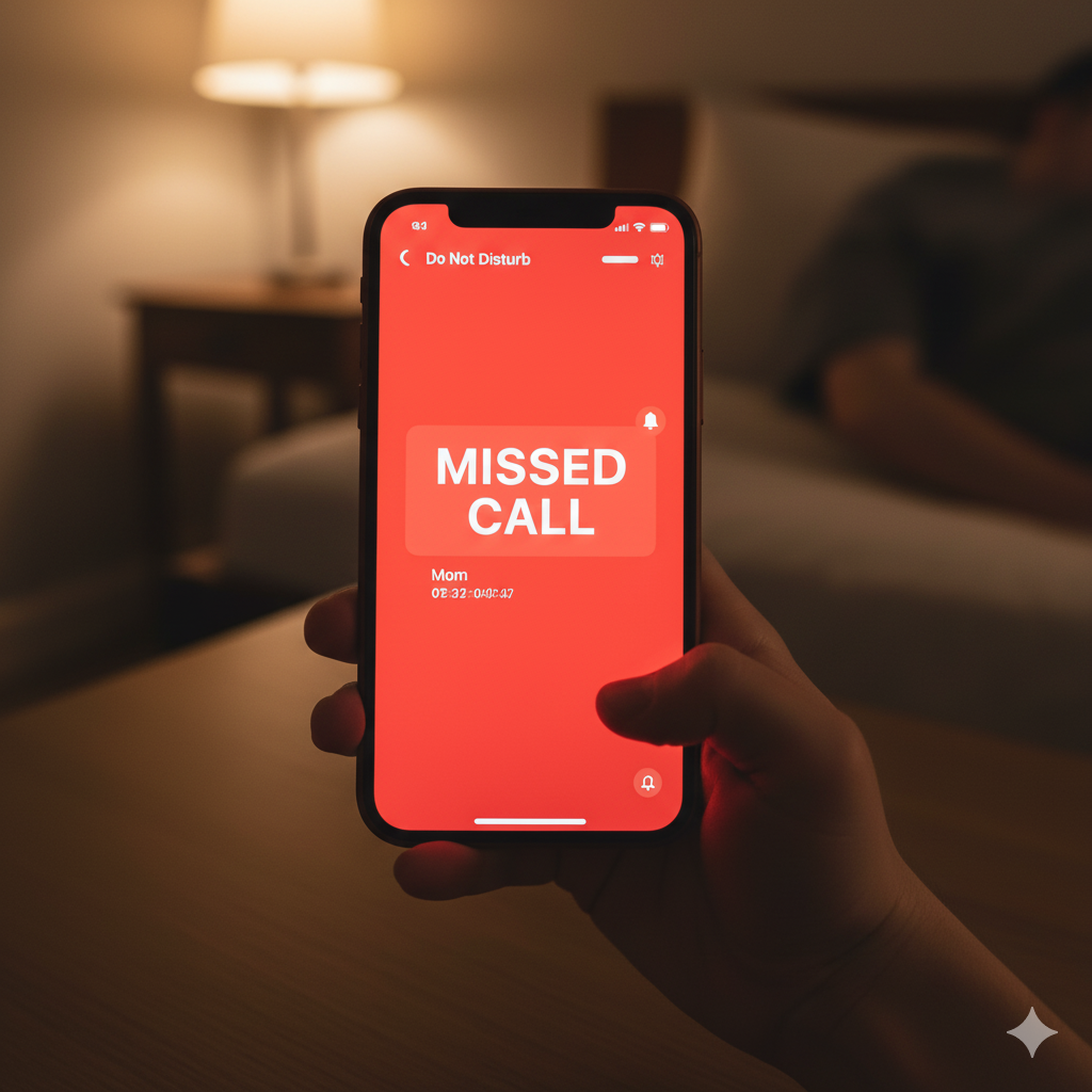 A person holding a smartphone displaying a red "MISSED CALL" notification from "Mom" and a "Do Not Disturb" icon, illustrating a phone won't ring for incoming calls.