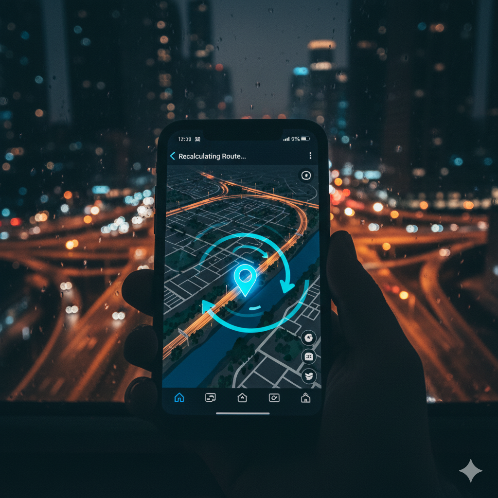 Hand holding a smartphone displaying a map app with a blue location pin rapidly rotating and showing "Recalculating Route..." text, indicating GPS drift or an inaccurate location. The background shows a blurry city nightscape with illuminated highways.