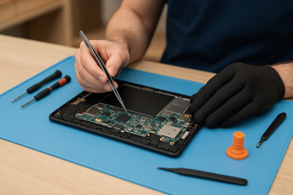 Technician repairing a tablet that keeps turning off randomly, using precision tweezers and diagnostic tools on a blue anti-static mat at Hot Tech Repair Sacramento.