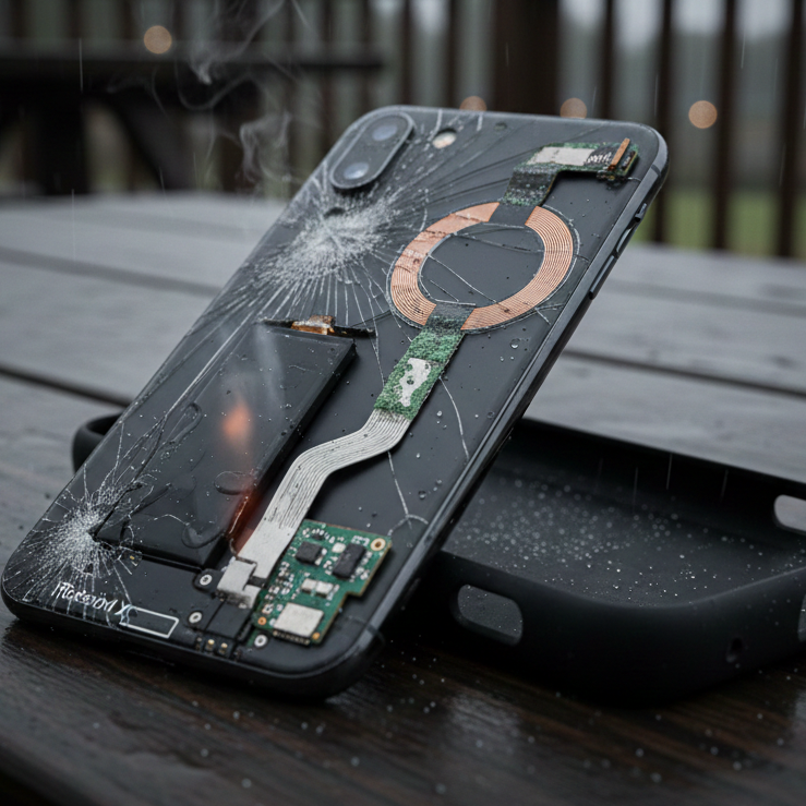 A severely damaged smartphone with a shattered back, exposed internal components, and visible smoke rising from the battery area, lying on a wet wooden table next to a discarded phone case, depicting the dangers of cracked back glass and water damage.