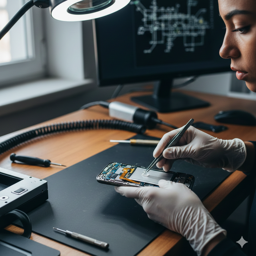 Professional technician repairing a cracked smartphone screen in a clean lab setting.