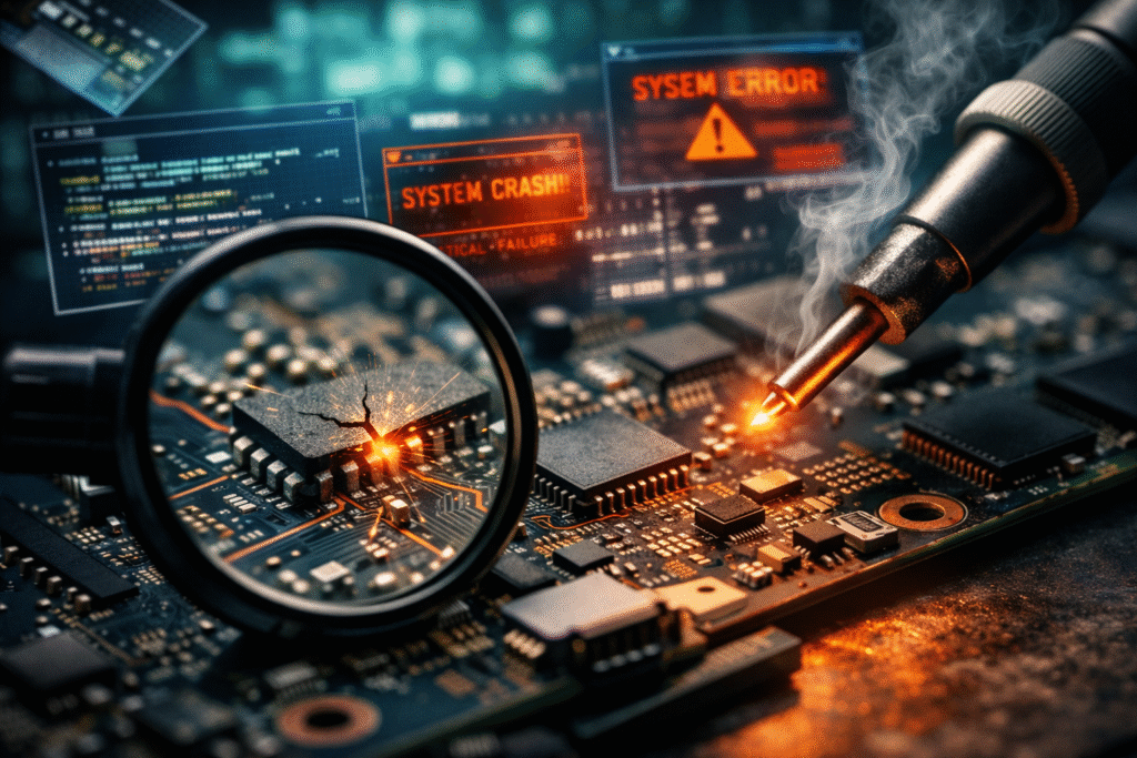 Damaged logic board with glowing crack

