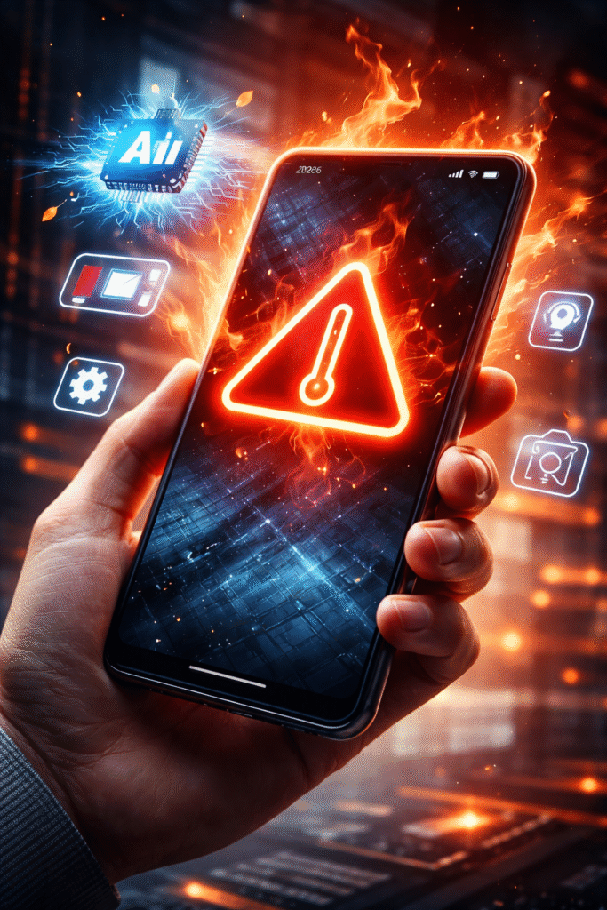 Smartphone overheating in 2026 due to AI features, showing a hot phone with a temperature warning and battery degradation icons.
