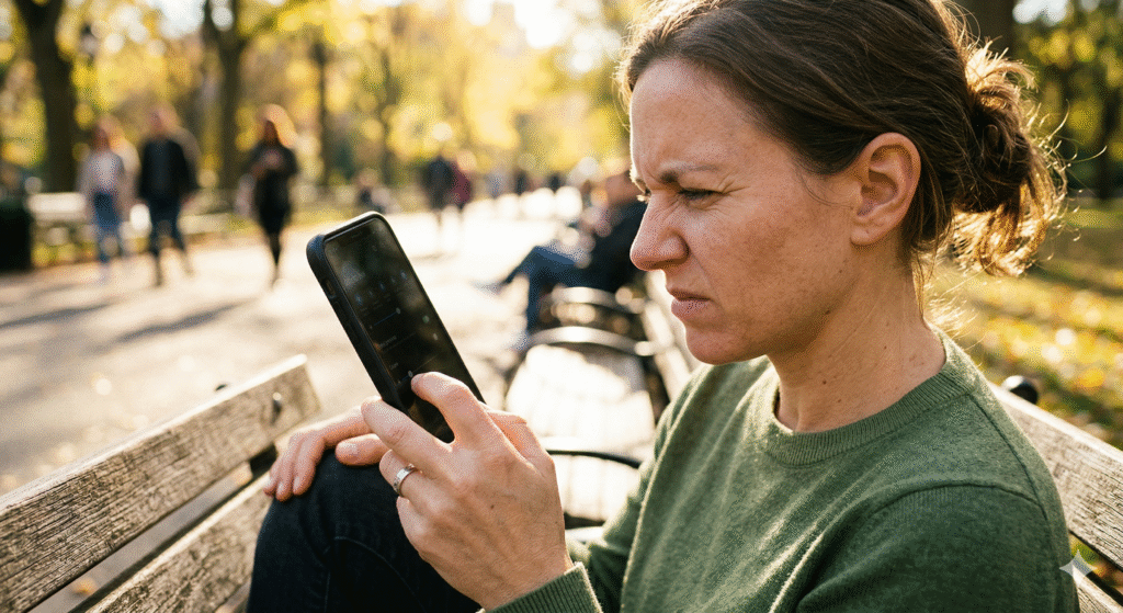 A close-up photo of a person squinting at a smartphone with a noticeably dim screen while sitting outdoors in bright sunlight on a park bench, their thumb on the brightness slider trying to adjust it, warm golden afternoon light, realistic style, shallow depth of field